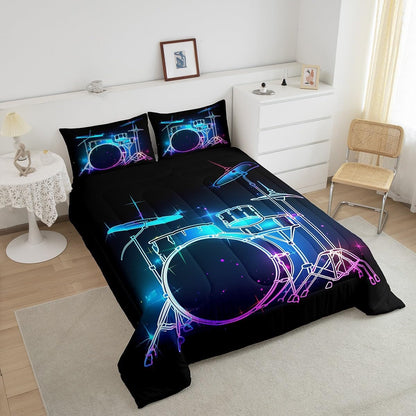 Castle Fairy Drum Kit Comforter Set,Musical Instruments Bedding Set for Kids Girls Women,Adults Rock Music Comforter,Neon Lighting Quilted Duvet Set Bedroom Collection Twin Size 2Pcs