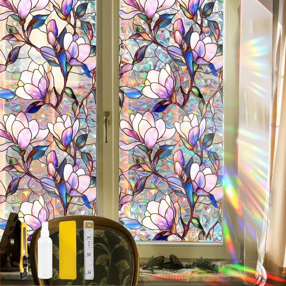 Flower Stained Glass Window Film Decorative Static Cling Stickers Sun Blocking Privacy Decals for Home Car White Lily