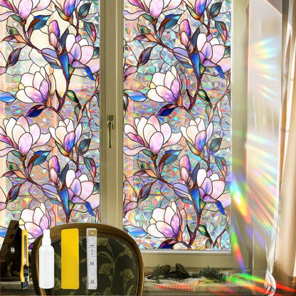 Flower Stained Glass Window Film Decorative Static Cling Stickers Sun Blocking Privacy Decals for Home Car White Lily