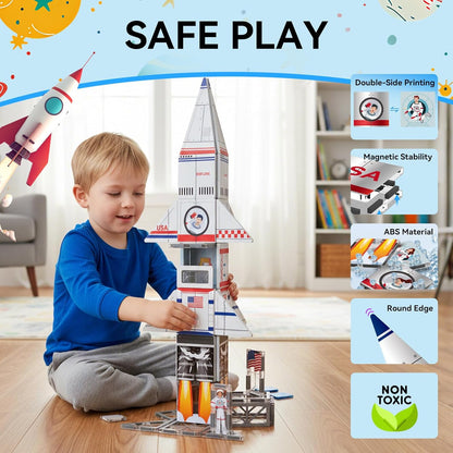 AFUNX Magnetic Tiles Space Rocket Set,46 PCS Magnetic Building Blocks for Kids 3+, STEM Learning Toys, Safe & Durable Creative Construction Play, Gift for Boys & Girls