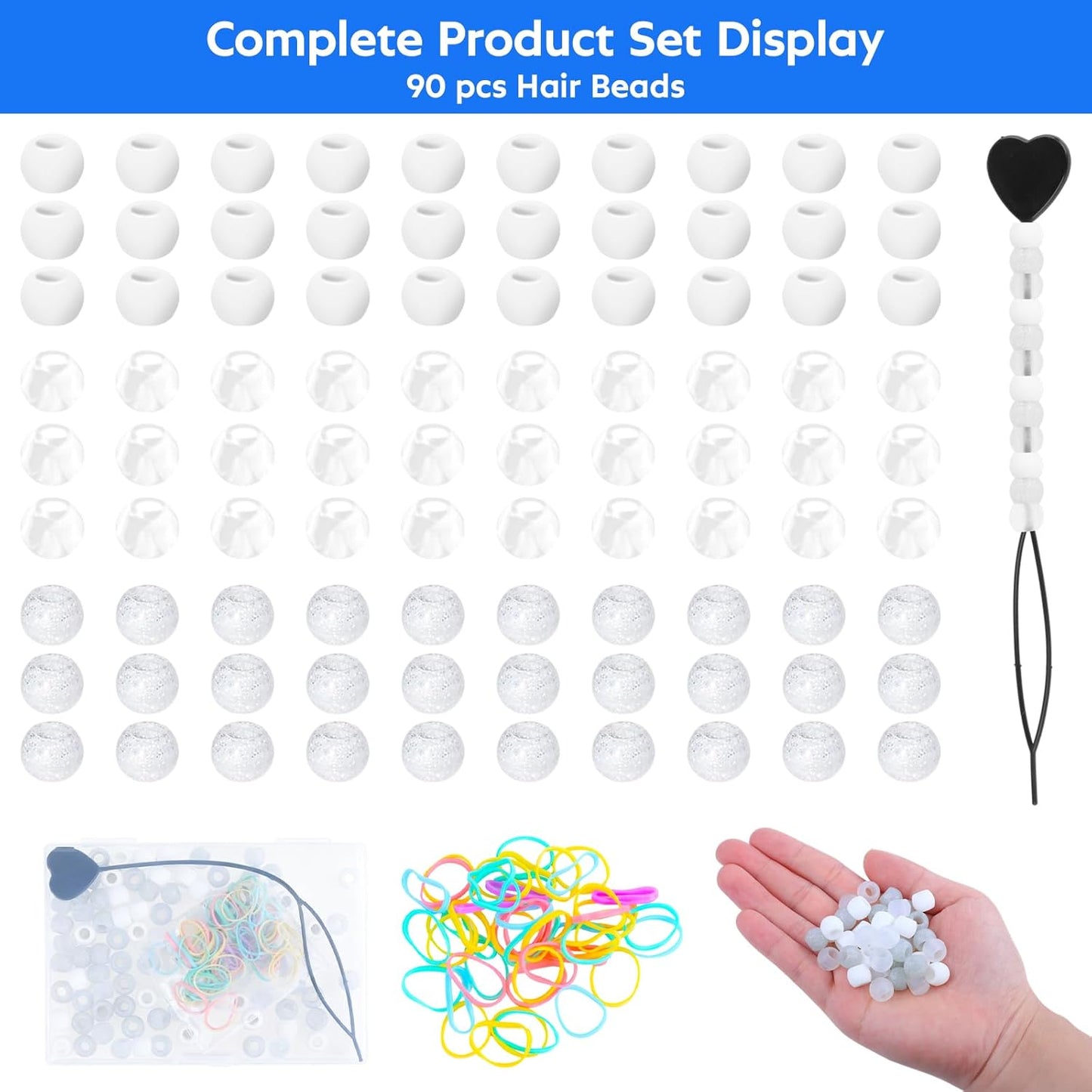 100 Small Silicone Hair Beads Glow in Dark for Kids Girls Braids, 5mm Colorful Soft Silicone Hair Beads, 1 Plastic Quick Beaders for Hair Braids, 50 Elastic Rubber Bands