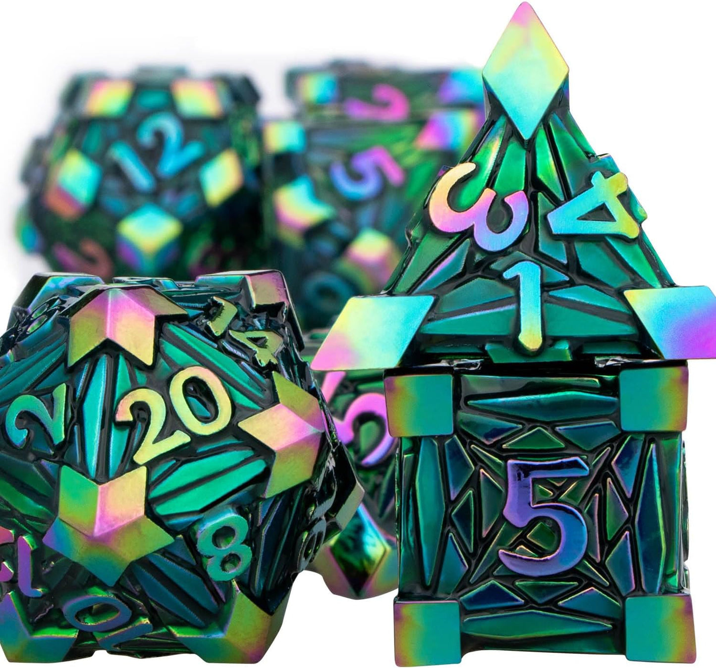 7PCS Metal DND Dice Set with Box, Debris RPG Blue White D and D Dice for D&D Tabletop Games Role Playing Game Polyhedral Dice Set D20 D12 D10 D8 D6 D4