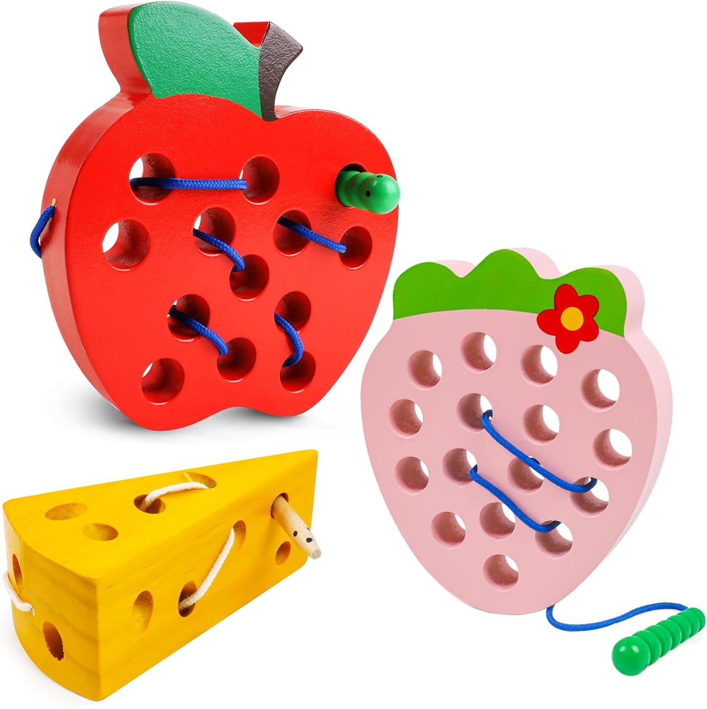 Lacing Toys for Toddlers,Wooden Threading Apple Baby Travel Toys,Montessori Education Sensory Learning Fine Motor Skills, Wooden Block Puzzle Gifts for 3 Year Old Baby Kids Boys Girls