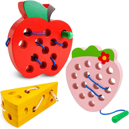 Lacing Toys for Toddlers,Wooden Threading Apple Baby Travel Toys,Montessori Education Sensory Learning Fine Motor Skills, Wooden Block Puzzle Gifts for 3 Year Old Baby Kids Boys Girls