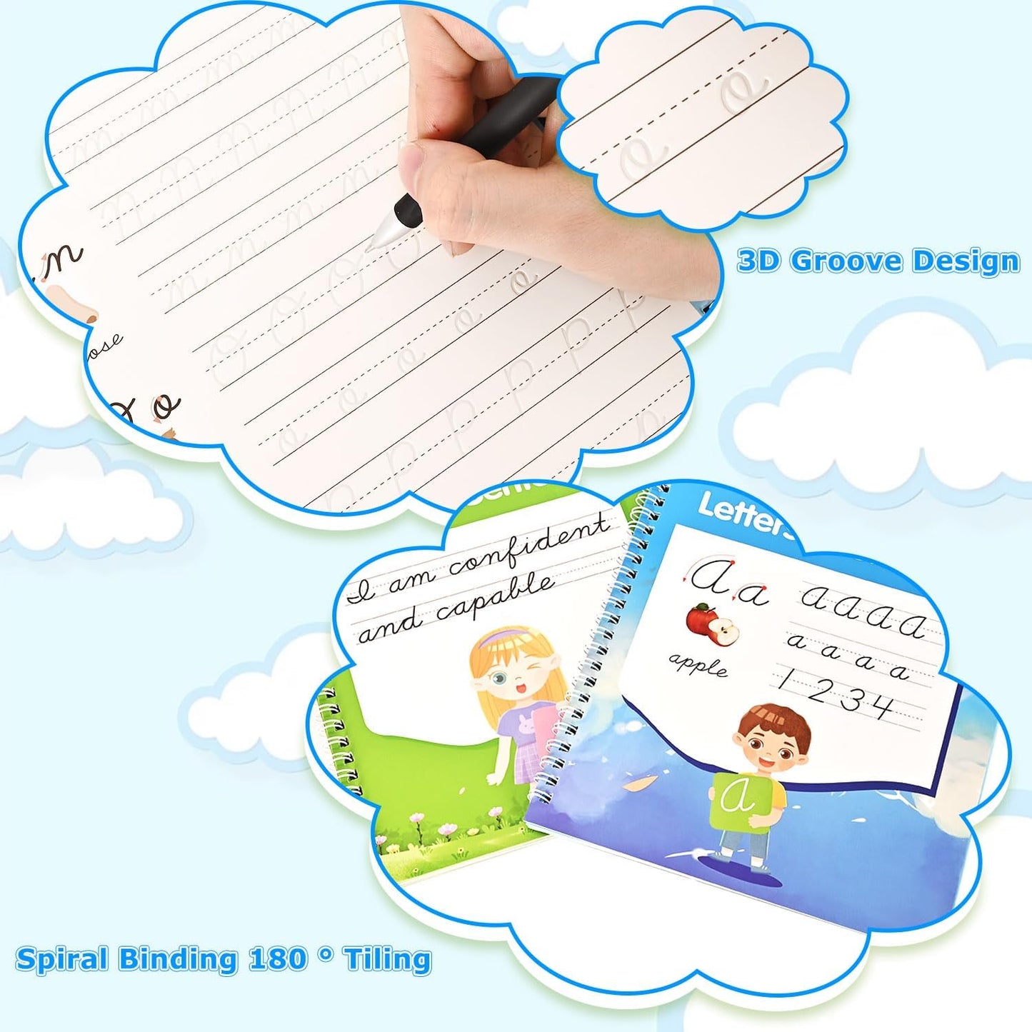 2 Pack Grooved Cursive Handwriting Workbook,Reusable Handwriting Practice Copybooks,Cursive Writing Practice Book for Kids Beginners