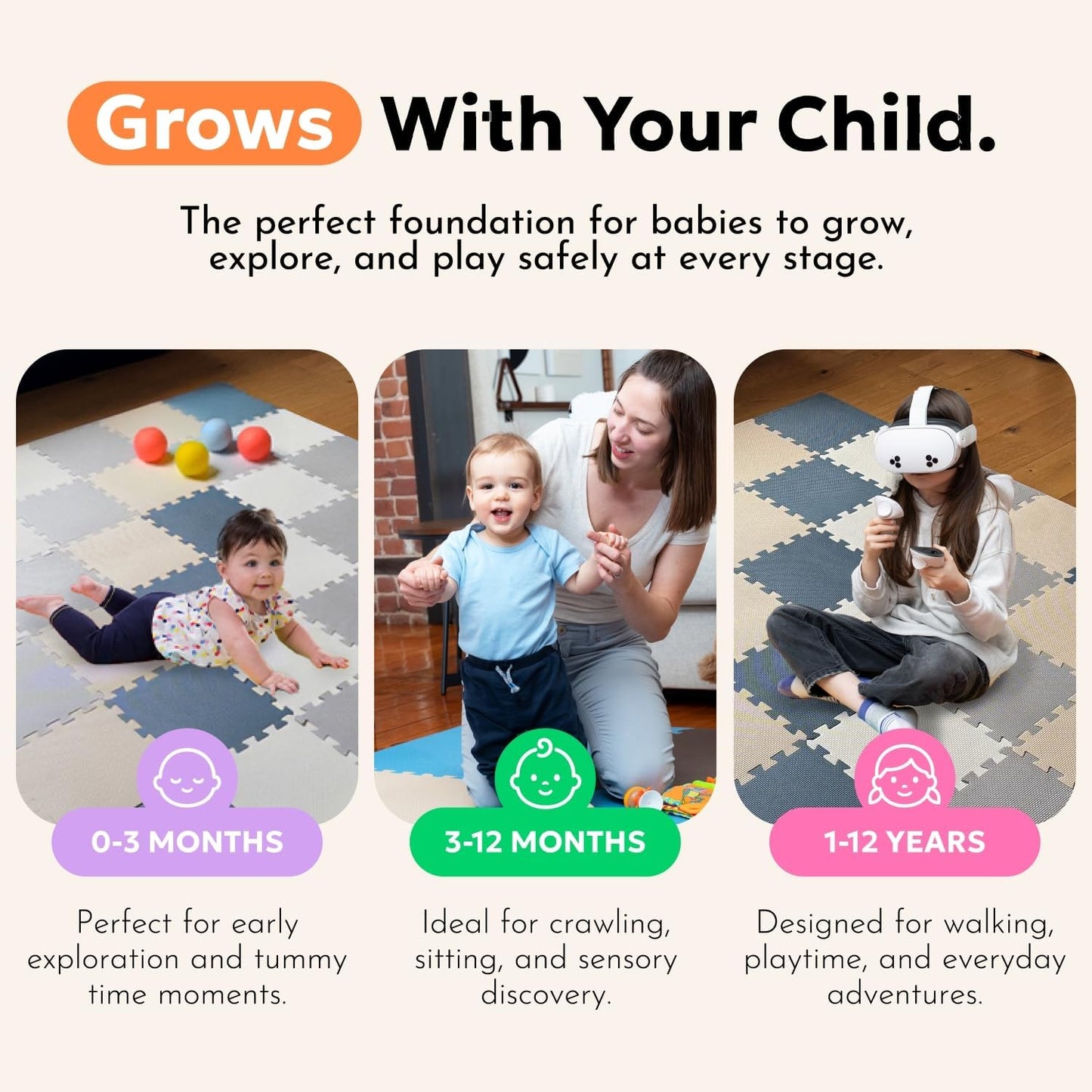 MioTetto Baby Play Mat, Soft Foam Floor Tiles for Kids. Adjustable Interlocking Foam Tiles, Fits with 50x50 Playpen Baby mat for Crawling & Development, Safe & Non-Toxic Playmat for Babies 6-12 Months