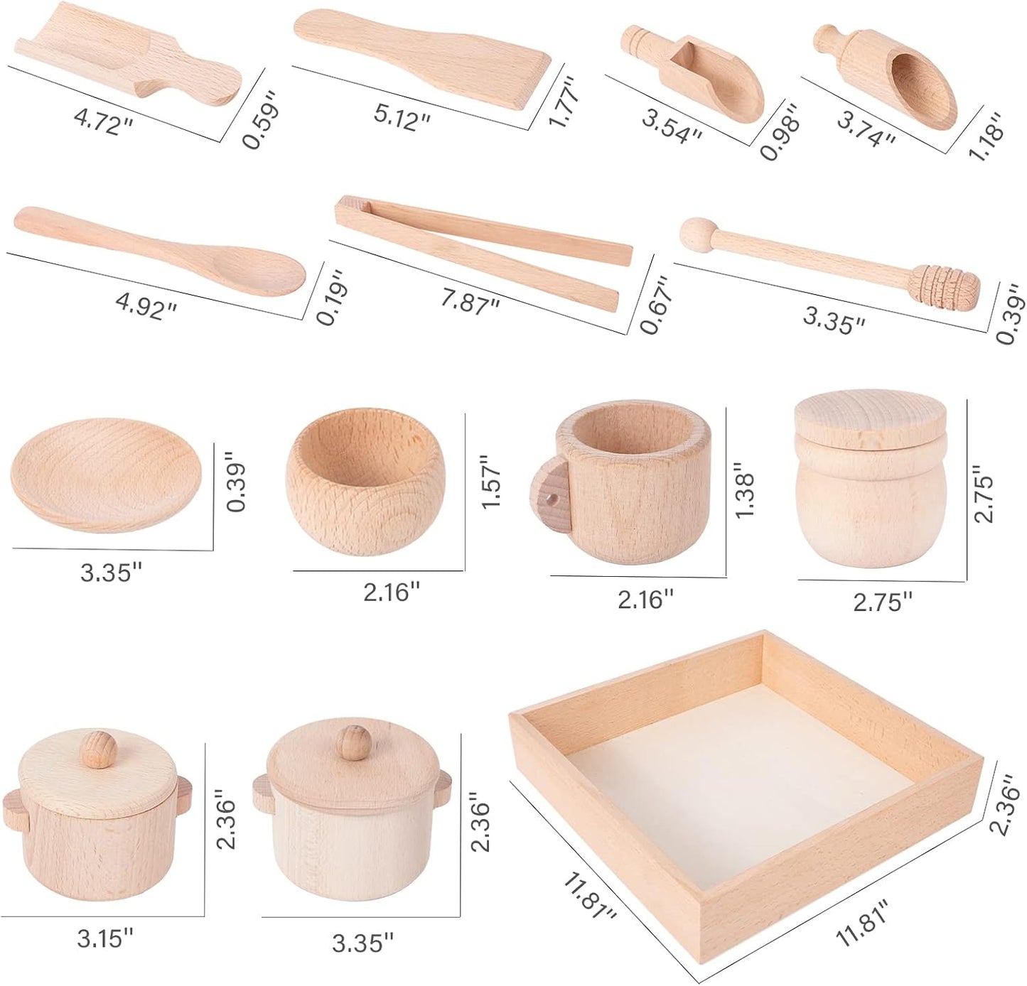 Montessori Sensory Bin Tools Toy with Wooden Box for Toddlers, Pretend Play Dish Toys Wooden Bowls Scoop Tongs Transfer Work Pouring Set, Kids Fine Motor Skills Development