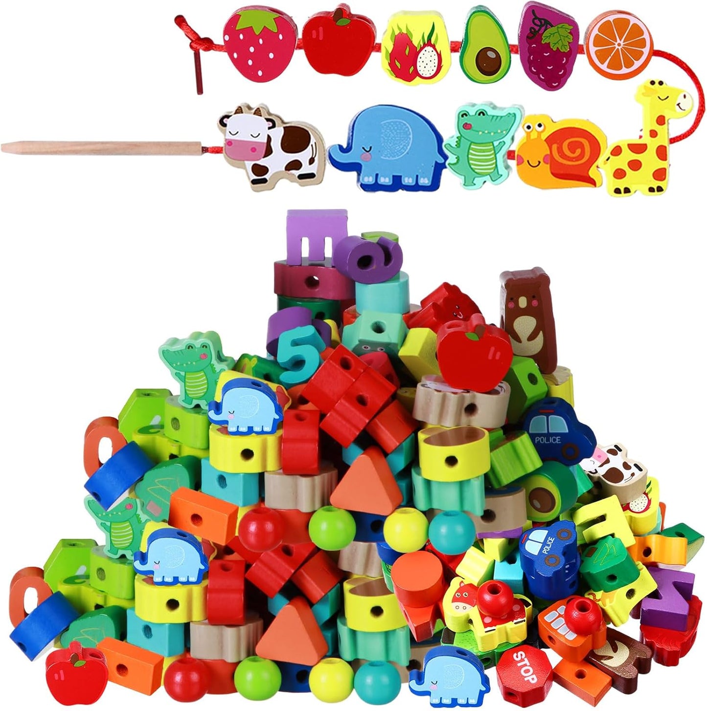 Shappy 139 Pcs Montessori Educational Wooden Lacing Beads Toys for Farm Animals Fruits Lacing Beads Stringing Fine Motor Skills Toy