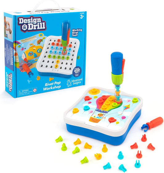 Educational Insights Design & Drill Rivet Pop Workshop - Toddler STEM Toys, Occupational Therapy Games and Construction Toy Tools, Color Matching Activities for Kids, Fine Motor Toys for Toddlers 3-4