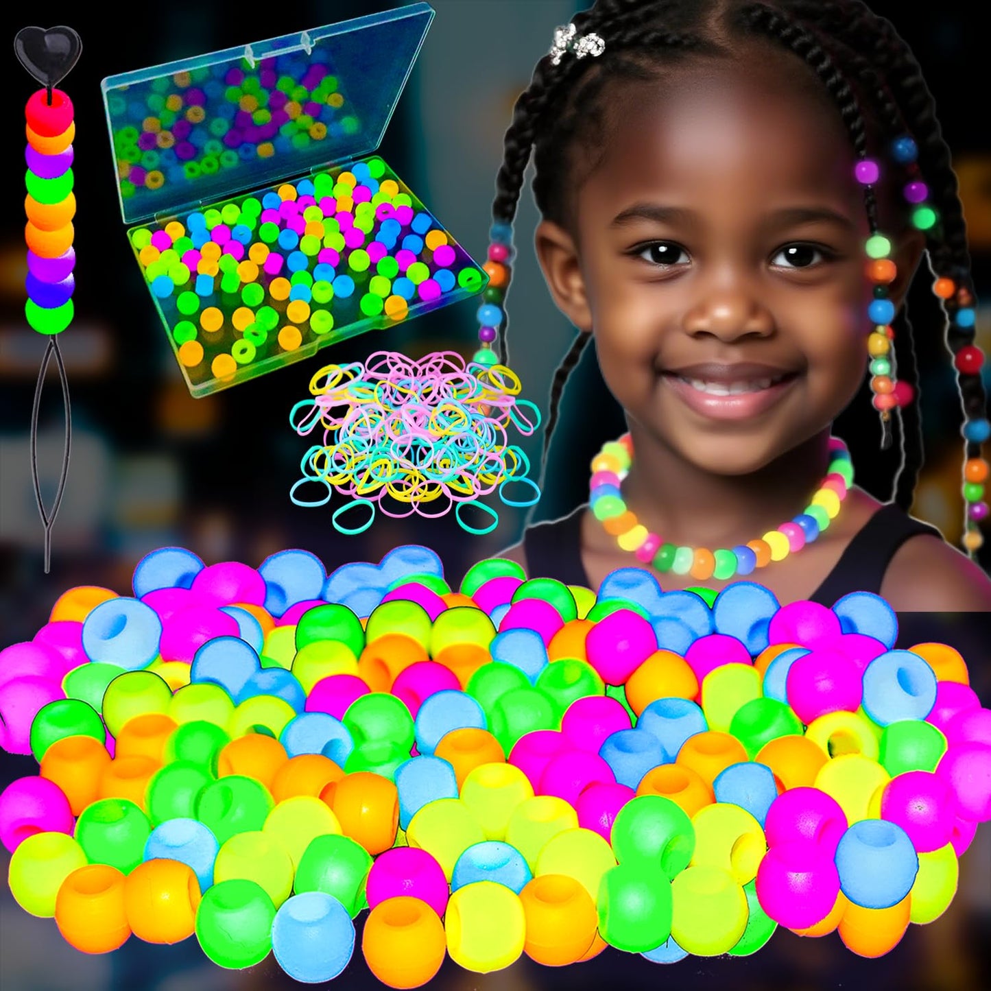 100 Small Silicone Hair Beads Glow in Dark for Kids Girls Braids, 5mm Colorful Soft Silicone Hair Beads, 1 Plastic Quick Beaders for Hair Braids, 50 Elastic Rubber Bands