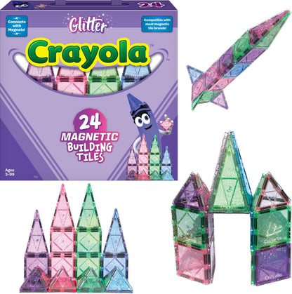 CreateOn Crayola Glitter Magnetic Tiles, Building Set for Kids, Magnetic Tiles, Kids’ Building Toys, STEM & Montessori Toys for Boys and Girls Ages 3+, 24-Piece Set (Glitter)