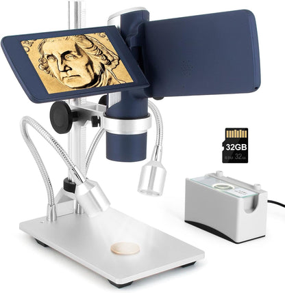 LM203 Digital Microscope Handheld with 4" Screen, Portable Microscope Camera for Adults, 200X USB Coin Magnifier with 8 LED Lights, Microscope Kit for Kids 8-12, 1080P Photo Video, 32G