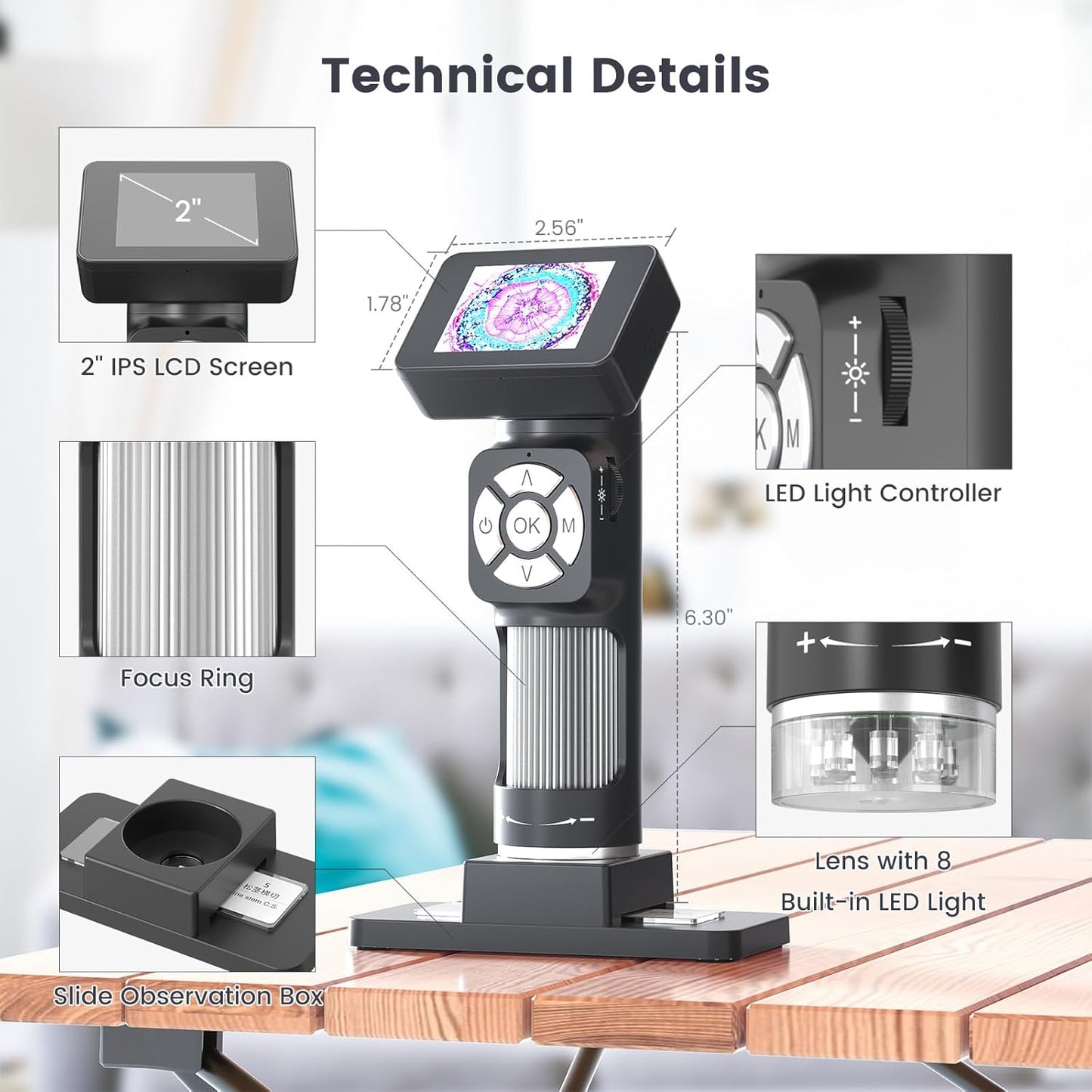 Andonstar AD112 Portable Pocket Microscope Kit for Kids and Adults with 2" LCD Screen, Mini Handheld Digital Microscope with 8 Adjustable LED Lights, Windows PC Compatible, 32GB SD Card Included