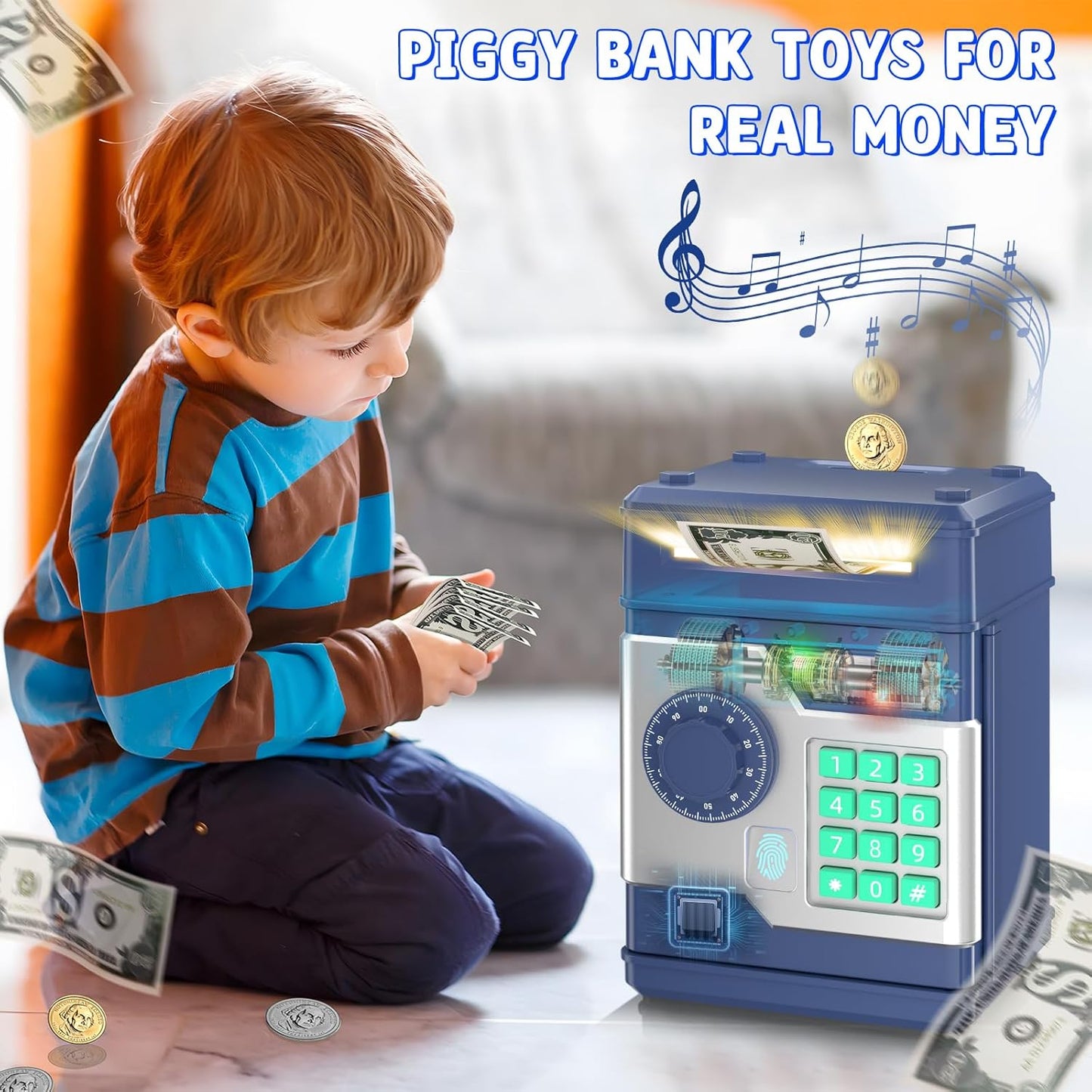 Piggy Bank, Automatic Electronic Piggy Bank for Kids Boys Girls with Password and Fingerprint Unlocking Simulation, Money Bank Kids Safe Toys for 3 4 5 6 7 8 9 10 Year Old Boy Girl (Black)