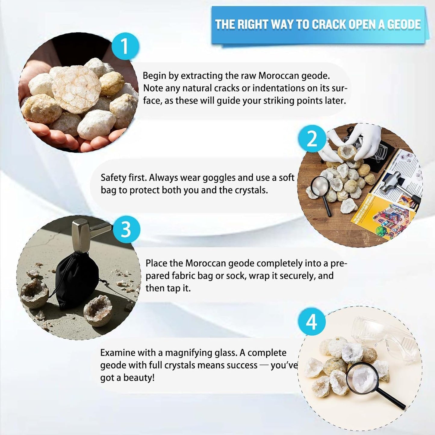 Runyangshi 25 Pcs Morocco Geode Break Your Own Kit - 1.18-1.57 in Natural Geodes with Magnifying Glass, Safety Goggles, Velvet Bag, Instruction Guide, STEM Science Kit for Rock Enthusiasts