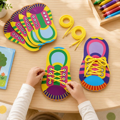 LUOZZY 10 Sets Shoe Trying Practice for Kids Shoelace Threading Teaching Toys Learn to Tie Shoelaces Toy Fine Motor Skills Toy Threading Game for Kids, Random Color