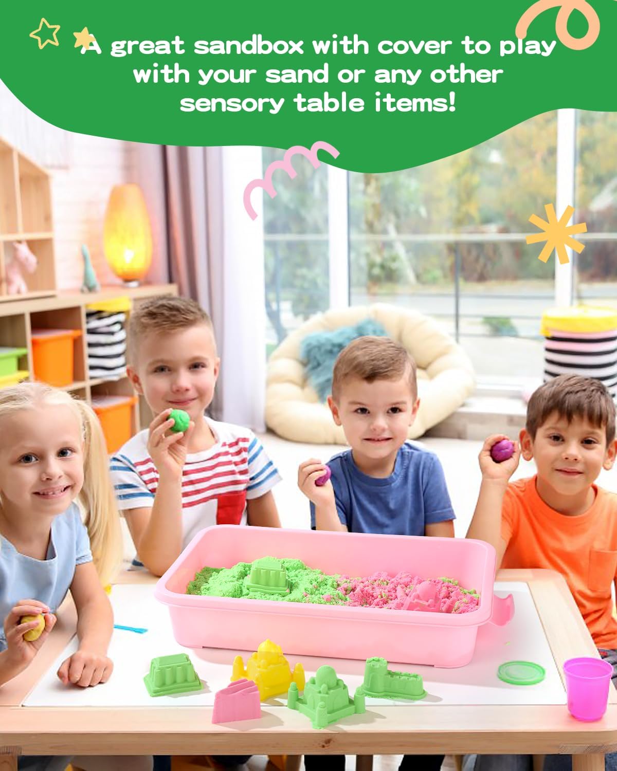 Sensory Bin Sand Tray with Lid for Toddlers 2 Pcs 15in Portable Sandbox Toy Large Plastic Tray for Kids 3 4 5 6 Fill with Sand, Water, Beads, and More (Green+Blue)