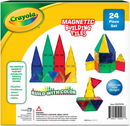 CreateOn Crayola Glitter Magnetic Tiles, Building Set for Kids, Magnetic Tiles, Kids’ Building Toys, STEM & Montessori Toys for Boys and Girls Ages 3+, 24-Piece Set (Glitter)