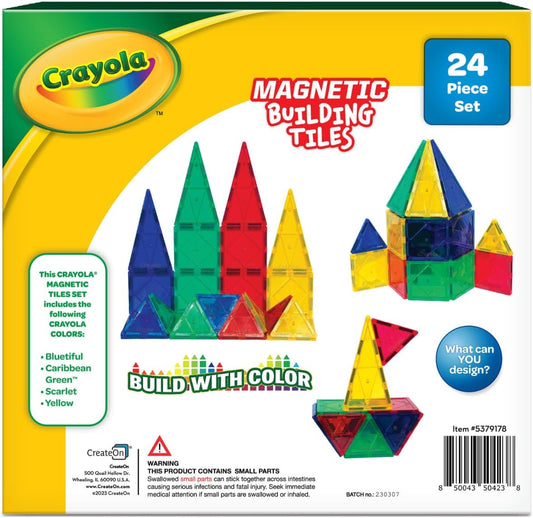 CreateOn Crayola Glitter Magnetic Tiles, Building Set for Kids, Magnetic Tiles, Kids’ Building Toys, STEM & Montessori Toys for Boys and Girls Ages 3+, 24-Piece Set (Glitter)
