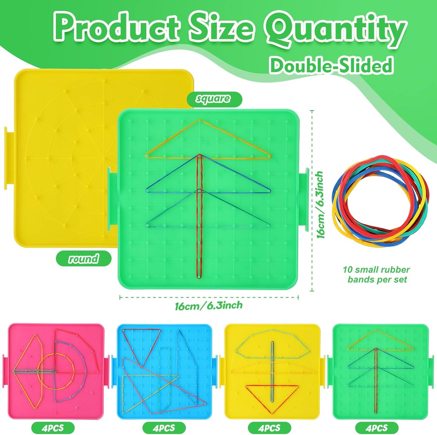 Teling 16 Pack Double Sided Geoboard Math Manipulatives Plastic Geoboards with Rubber Bands Geometry Manipulatives Educational Toy for Geometry, Creativity, Fine Motor Skills (Simple, 6.3 Inch)