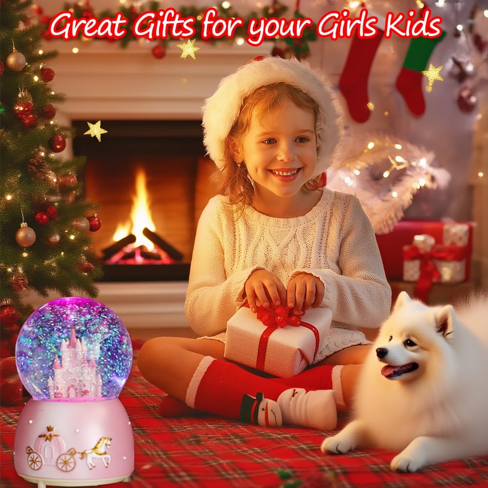 Snow Globes, Girls Castle Music Snowglobes with LED Lights, Automatic Snowfall Effect, Birthday Christmas for 5-16 Year Old Girls, Kids Room Decor (Pink)