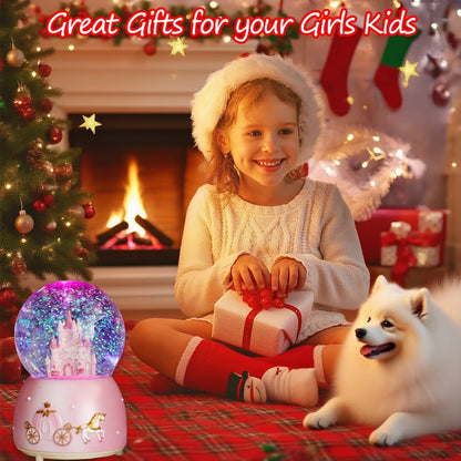 Snow Globes, Girls Castle Music Snowglobes with LED Lights, Automatic Snowfall Effect, Birthday Christmas for 5-16 Year Old Girls, Kids Room Decor (Pink)