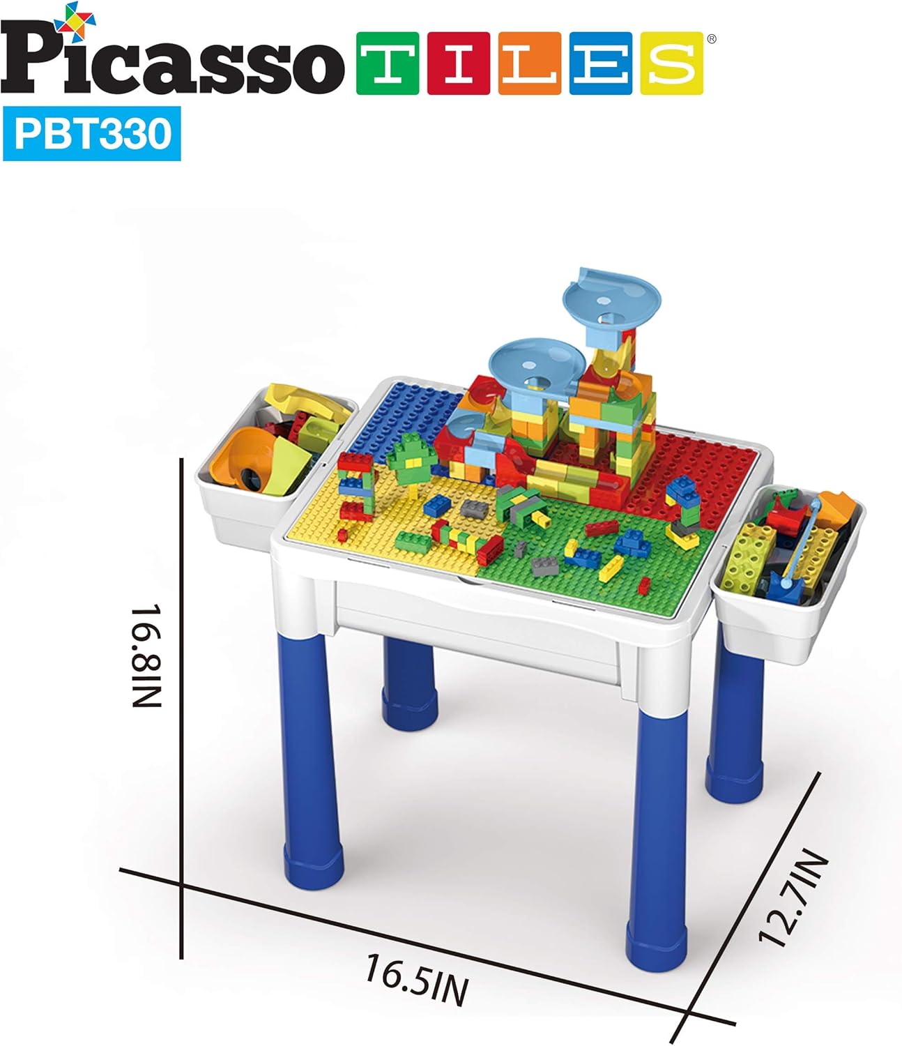 PicassoTiles Kids Activity Center Play Table & Study Desk Set Sandbox Water Tight Container Storage All-in-1 STEM Toy Kit Playset with 330pc Dual Size Building Bricks Construction Blocks Marble Run