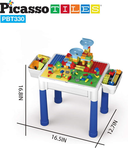 PicassoTiles Kids Activity Center Play Table & Study Desk Set Sandbox Water Tight Container Storage All-in-1 STEM Toy Kit Playset with 330pc Dual Size Building Bricks Construction Blocks Marble Run