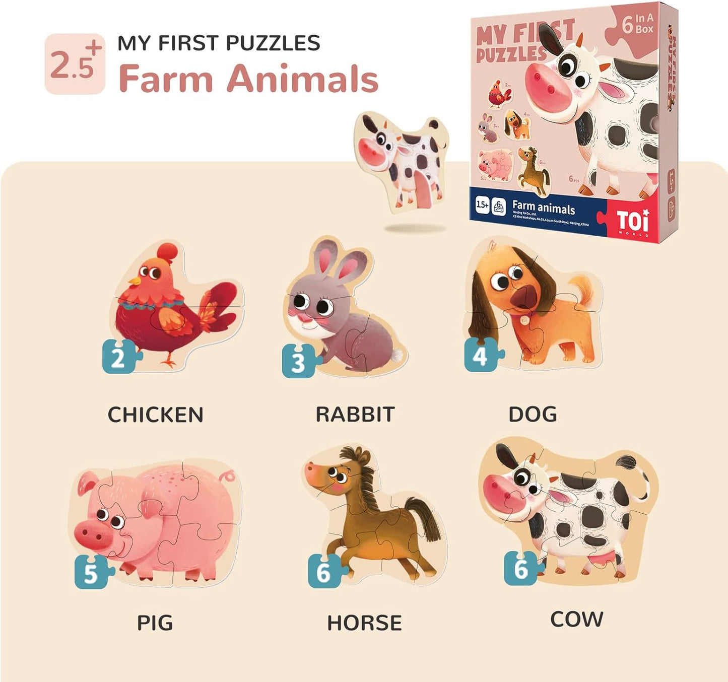 Toi 6 Packs Large Piece Toddler Jigsaw Puzzles for Kids Aged 2.5+, Animal Shaped Floor Puzzles for Beginner, Preschool Learning Game for Boys Girls, Traffic