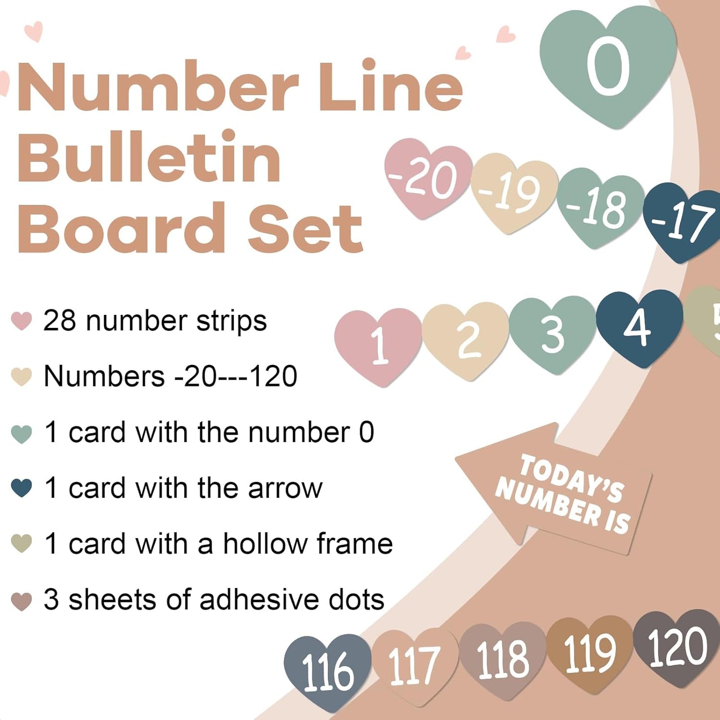 Number Line for Classroom Wall (-20 to +120) Boho Heart Shape Number Bulletin Board for Students Math Learning Boho Bulletin Border Decor Numbers Boarder Strips for Home School