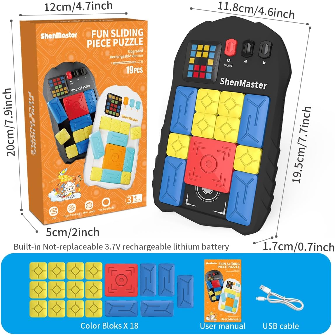 Rechargeable Super Slide Puzzle Game,Klotski Brain Toys for Kids Teens,500+ Challenges 7 Difficulty Levels for Boys&Girls,Portable Travel Games for All Ages,8-12 Gifts idea-White
