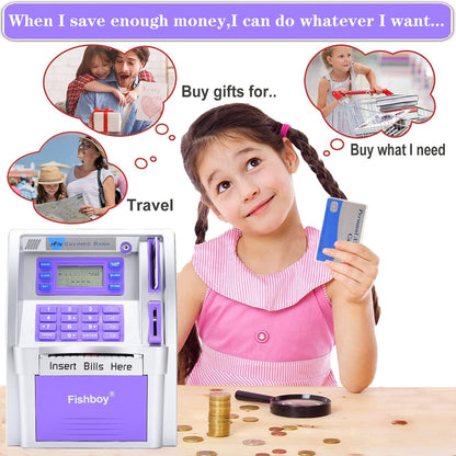Fishboy Talking Pink ATM Piggy Bank for Kids with Dual Debit Cards, Power-Off Memory, Auto-Opening Drawer for Real Money for Girls, Onekey Shutdown, Bill Feeder, Coin Recognition, Balance Calculator