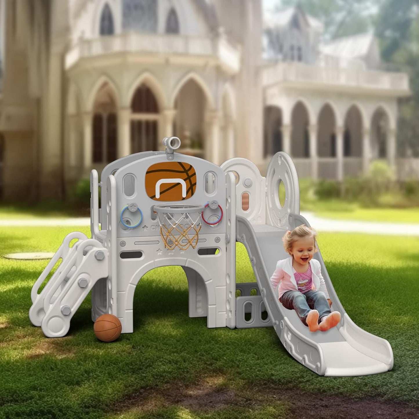 YUFU 9 in 1 Toddler Slide Set, Kids Slide for Toddlers Age 1-3, Toddler Playset with Climber and Basketball Hoop, Kids Indoor Outdoor Playground (Beige+Coffee)