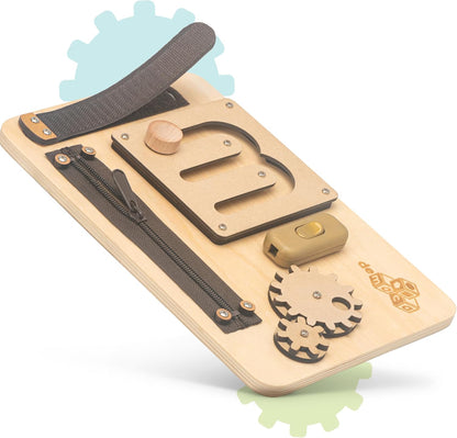 deMoca Toddler Busy Board for 1 Year Old, Travel Baby Wooden Montessori Busy Board for Toddlers 1–3, Switch and Fidget Activities for Early Motor Skills and Travel Play