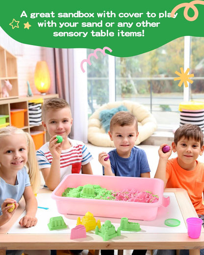 Sensory Bin Sand Tray with Lid for Toddlers 2 Pcs 15in Portable Sandbox Toy Large Plastic Tray for Kids 3 4 5 6 Fill with Sand, Water, Beads, and More (Green+Blue)