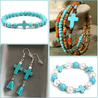 100pcs Blue and White Turquoise Cross Spacer Beads 8x10mm Semi Precious Stone Bead Easter Cross Gemstone Loose Beads for Jewelry Making Charms Beading Bracelets Necklaces Earrings Crafts