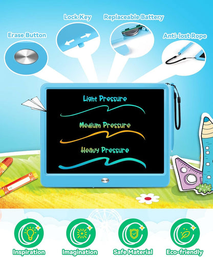 KOKODI 15 Inch LCD Writing Tablet with Anti-Lost Stylus, Erasable Doodle Board Colorful Toddler Drawing Pad, Car Travel School Games Toys for 3 4 5 6 7 8 Kids, Birthday Gift for Girls Boys Blue