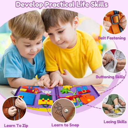Qizfun Toddler Busy Board Montessori Toys – Sensory Busy Book, Educational Learning Travel Toy for Airplane & Car, Keeps Toddlers Entertained, Birthday Gifts for Toddler Boys Girls (Blue/P8)
