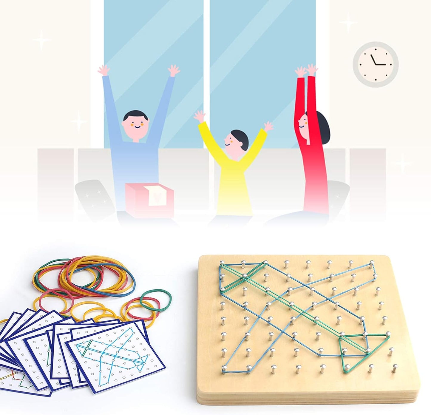 Thoth Montessori Wooden Geoboard Mathematical Manipulative Material Array Block Geo board with 36Pcs Pattern Cards and Rubber Bands Matrix 8x8 for Kids Graphical Educational Toys Early Development Toy