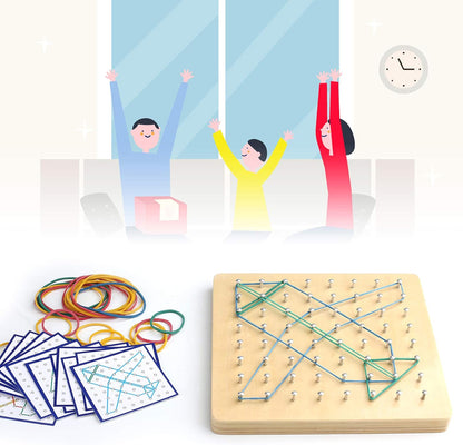 Thoth Montessori Wooden Geoboard Mathematical Manipulative Material Array Block Geo board with 36Pcs Pattern Cards and Rubber Bands Matrix 8x8 for Kids Graphical Educational Toys Early Development Toy