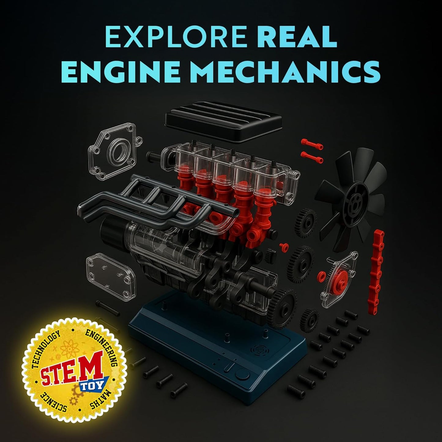 Playz V8 Combustion Engine Model Kit That Runs - Build Your Own STEM Mini V8 Model Engine Kit for Adults & Kids Age 12+, Visible V8 Mini Engine Kit That Works for Adult w/ 270 STEM Parts