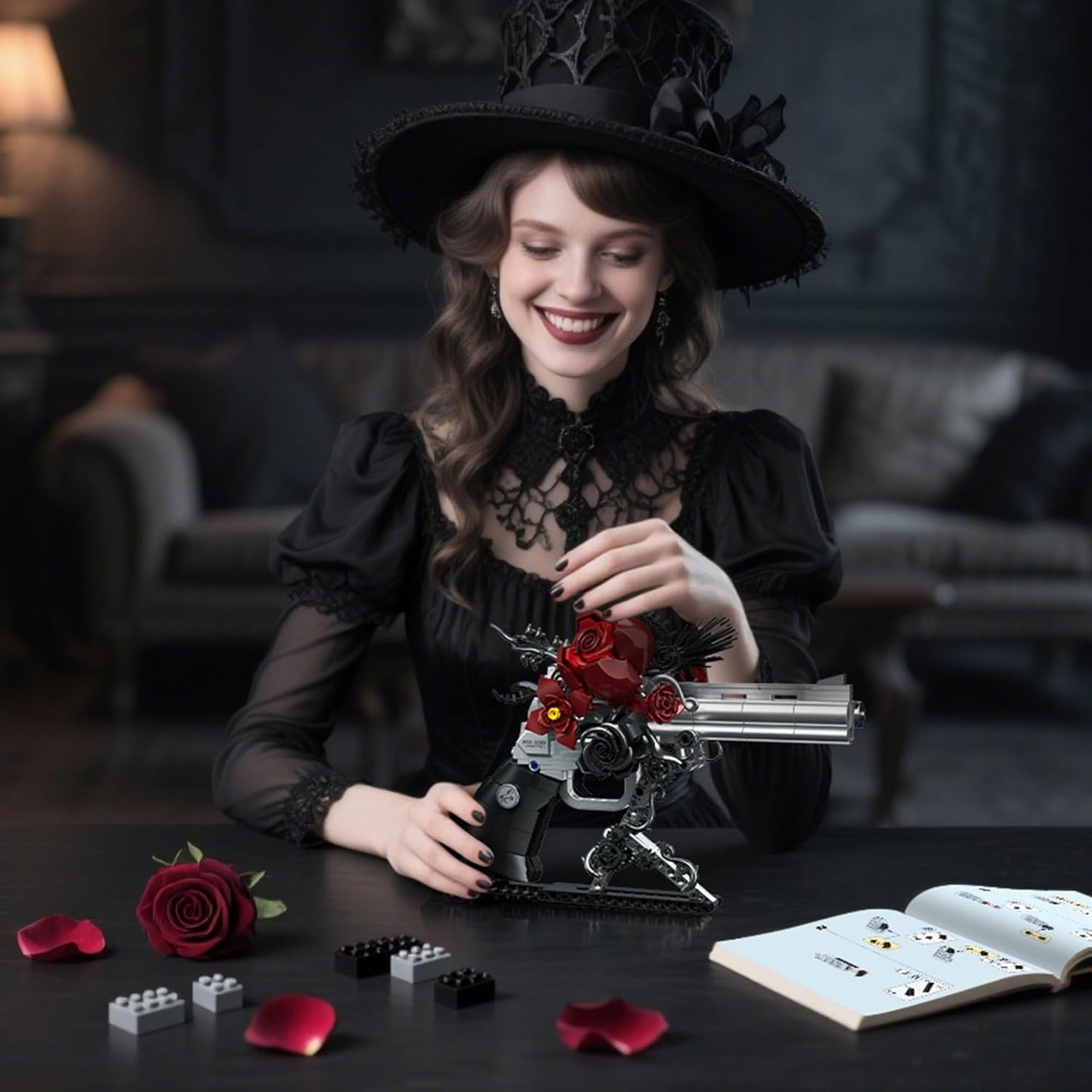 Gothic Rose Revolver Building Kit - Dark Romantic Fusion of Blood-Red Roses, Twisted Thorns & Industrial Gears, Movable Barrel, Cylinder & Trigger, Gifts Collection for Gothic Art Devotees