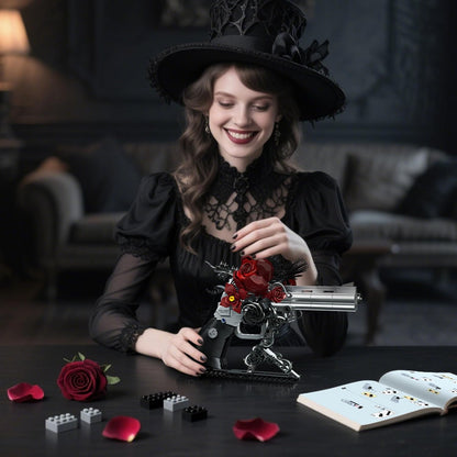 Gothic Rose Revolver Building Kit - Dark Romantic Fusion of Blood-Red Roses, Twisted Thorns & Industrial Gears, Movable Barrel, Cylinder & Trigger, Gifts Collection for Gothic Art Devotees