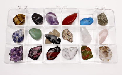 DANCING BEAR 18 Pc Rock and Mineral Educational Collection & Deluxe Collection Box with Description Sheet and Educational Information. Limited Edition, Geology Gem Kit for Kids with Display Case