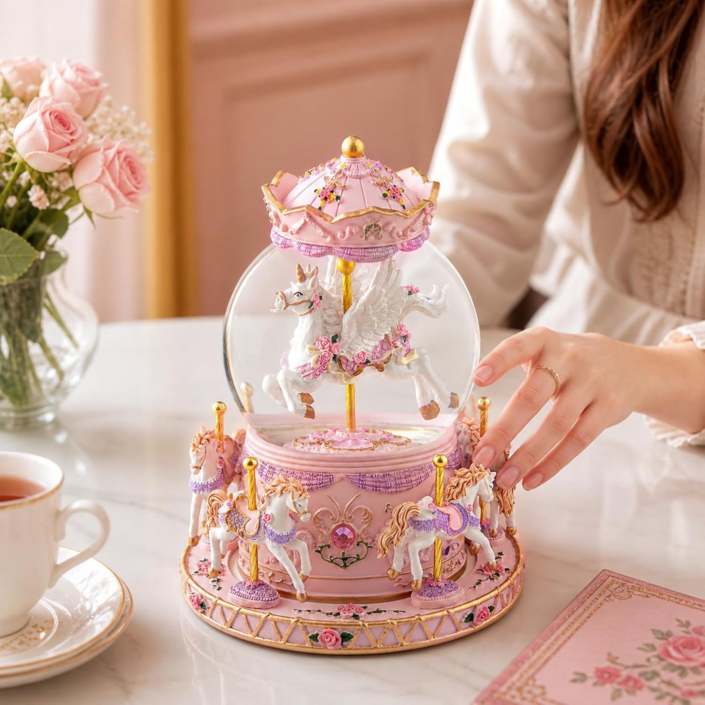 Magical Unicorn Snow Globe with “Somewhere Over the Rainbow” Music, Rotating Carousel Music Box, LED Lights & Glitter Snow, Perfect Birthday, Xmas, Valentine’s Gift, for Girls, Kids & Unicorn Lovers