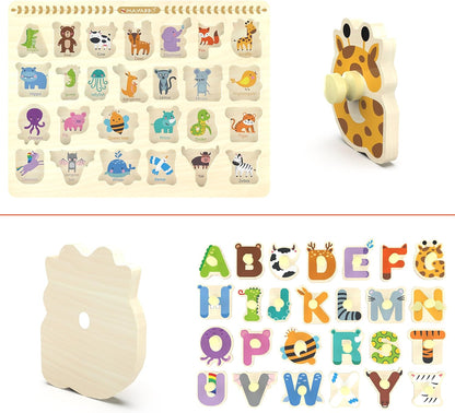 Wooden Peg Puzzle for Toddlers, Alphabet Learning Toys, Baby Puzzles Alphabet Board for Kids, Preschool Knob Puzzle for Boys Girls, Chunky ABC Shape Puzzles for 2 3 4 Year Old