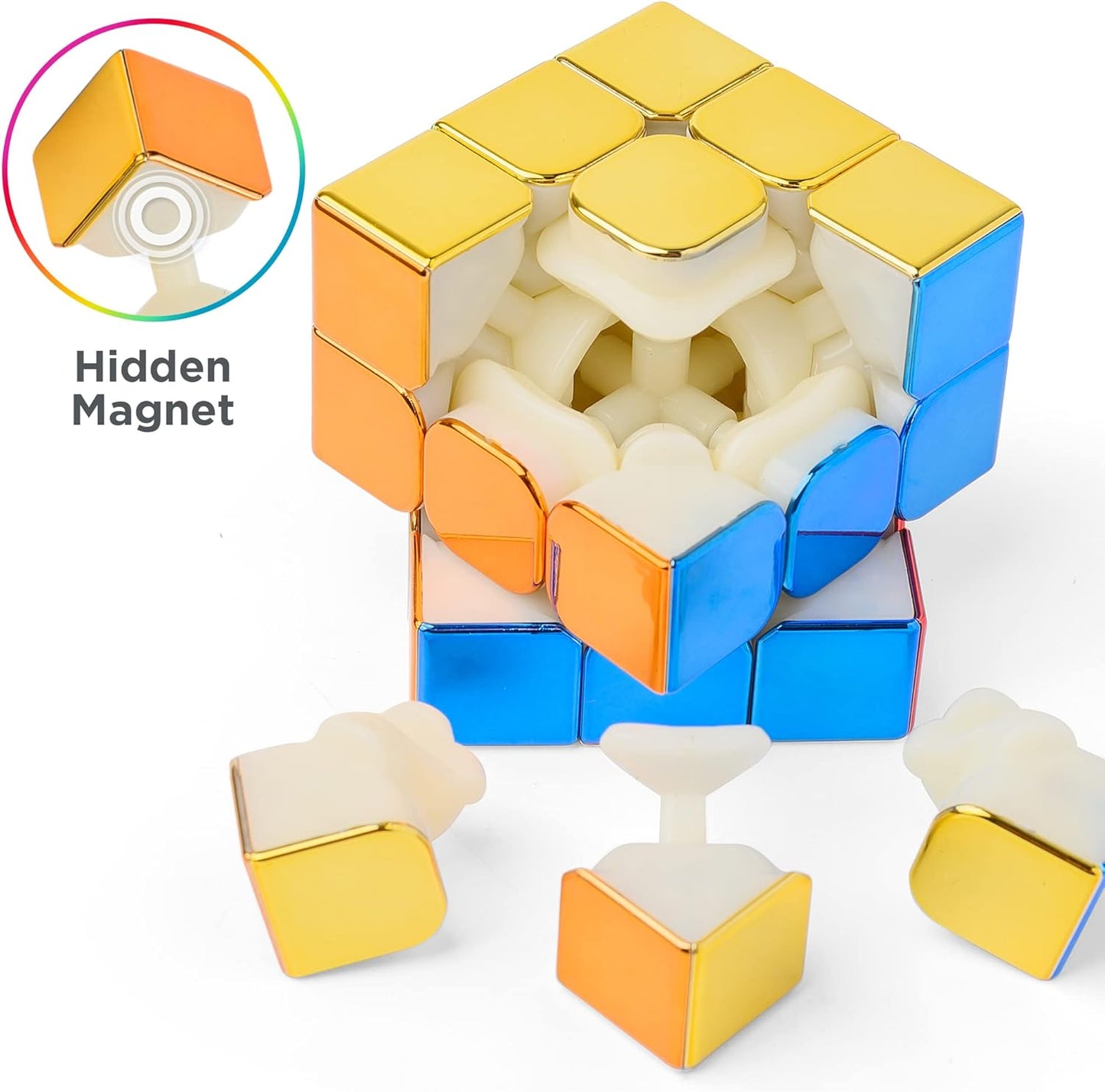 D-FantiX Magnetic Mirror Reflective Speed Cube 3x3x3 with Display Stand, Adult Fidget Toys, Car Road Trip Activity Toy for Teens Boys Girls, Stickerless Shiny Magic Cube, Birthday Gifts for Kids 8-12