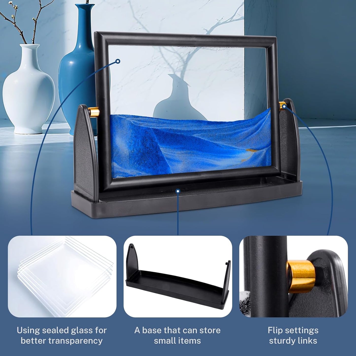 BOLGRLONG Moving Sand Art Liquid Motion 3D Dynamic Mountains Sandscape Painting, Square Glass Sands Painting with Easy-Flip Stand, Sensory Relaxing Decor for Home and Office (9") (Black)