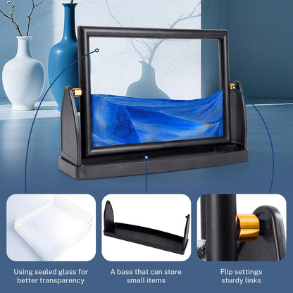BOLGRLONG Moving Sand Art Liquid Motion 3D Dynamic Mountains Sandscape Painting, Square Glass Sands Painting with Easy-Flip Stand, Sensory Relaxing Decor for Home and Office (9") (Black)