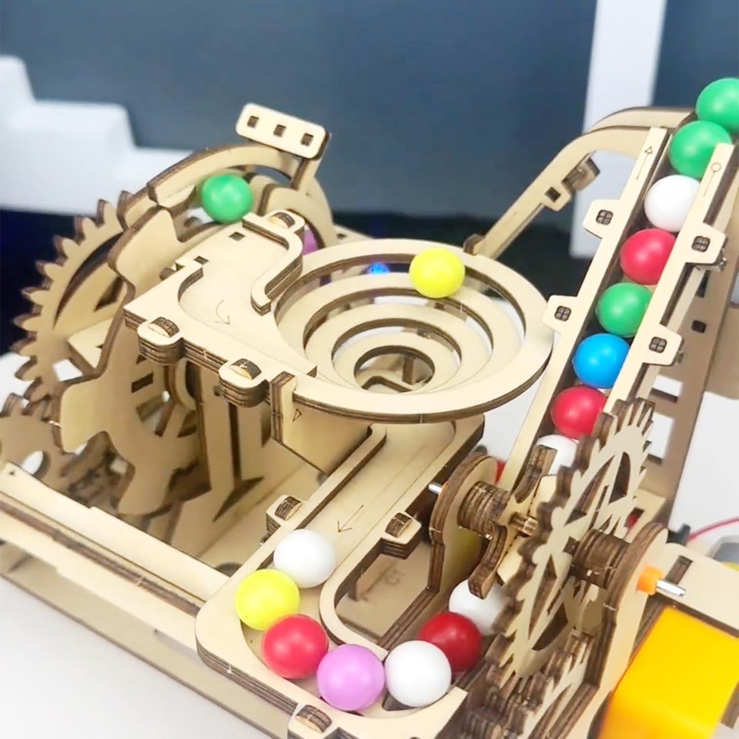 3D Wooden Roller Coaster Puzzle Motorized Marble Run Construction Kit with Gears and Tracks Mechanical Model Kit Laser Cut Wooden Pieces (Ages 14+)